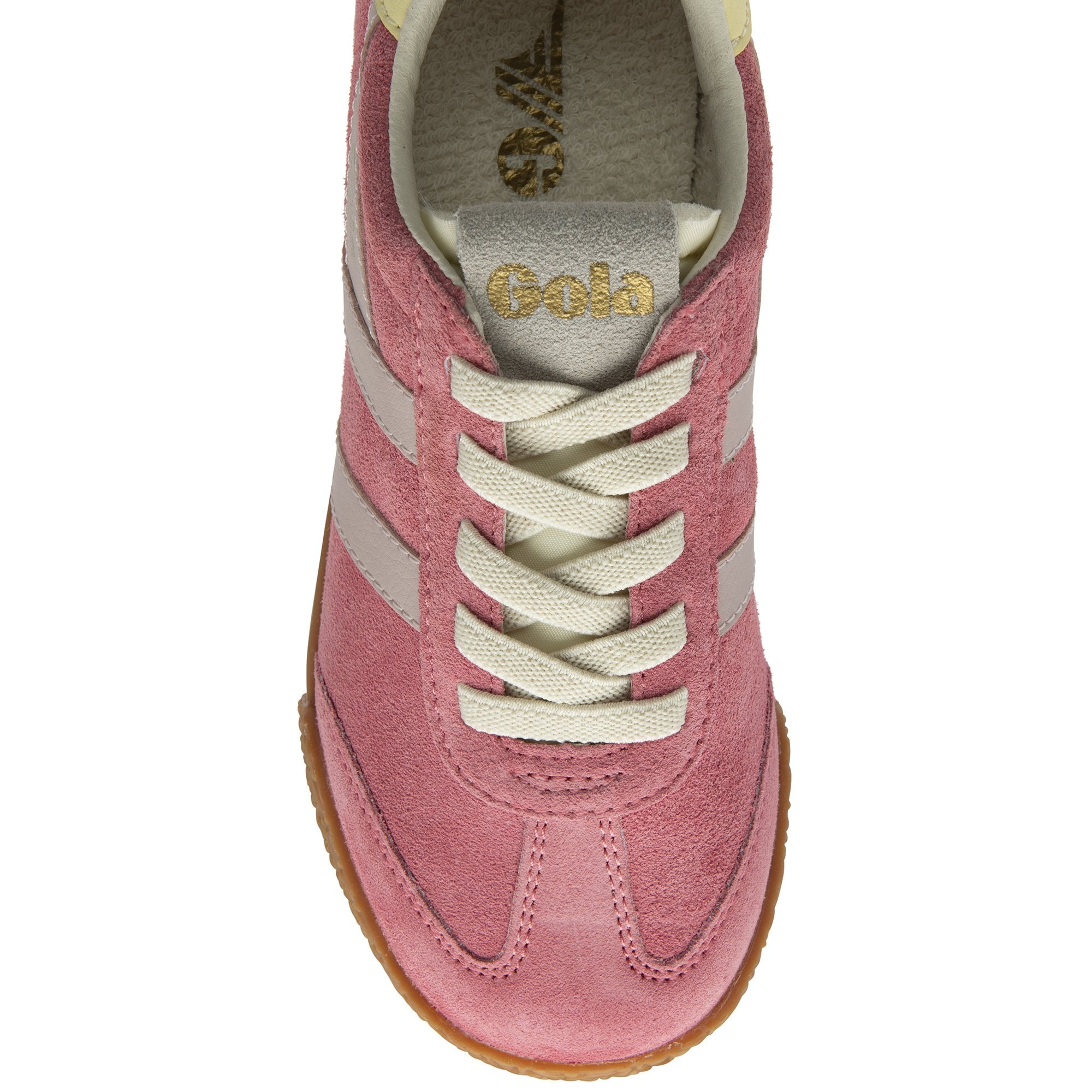 The top-down view of a single Gola women's trainer in pink and off-white.
