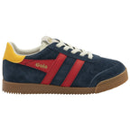 Blue Gola women's shoe with red stripes and yellow accent.