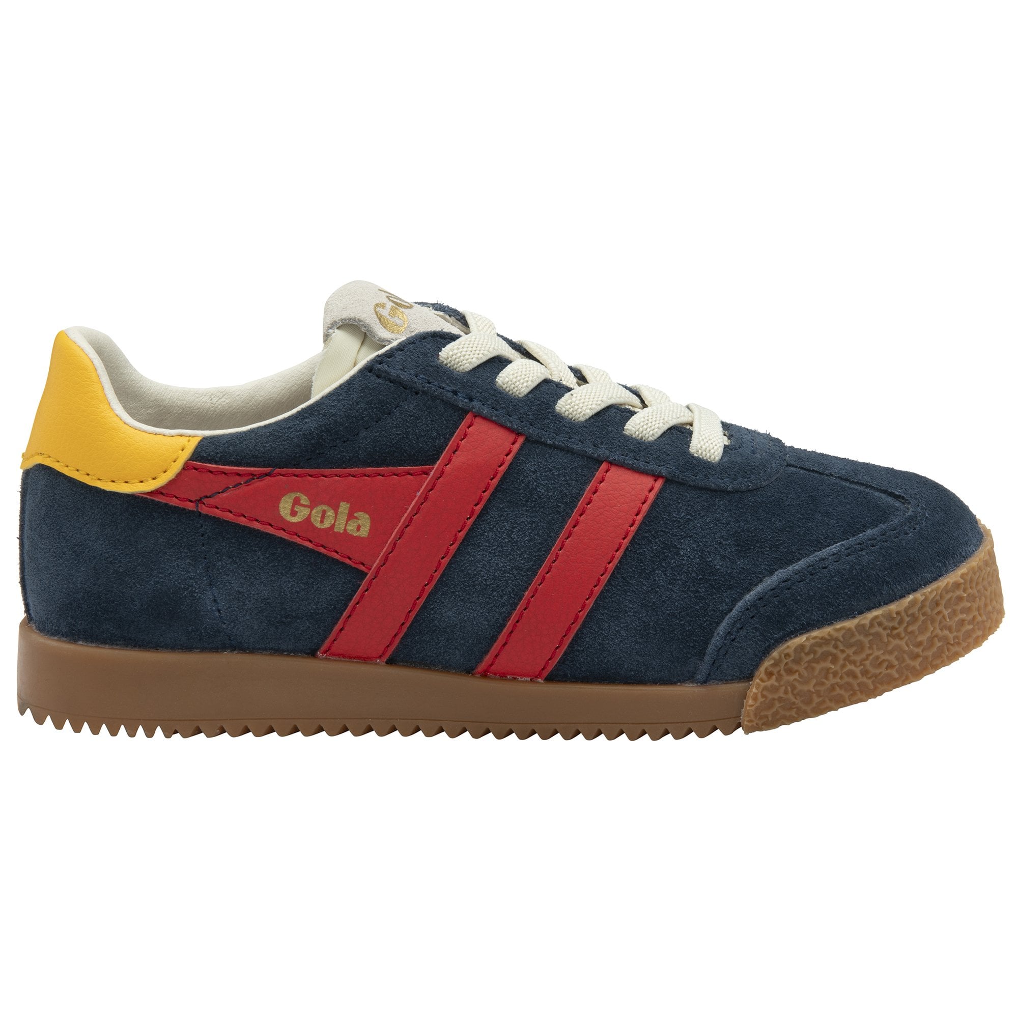 Blue Gola women's shoe with red stripes and yellow accent.