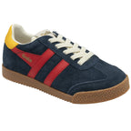 Gola Harrier suede trainer in navy with red stripes and yellow heel tab