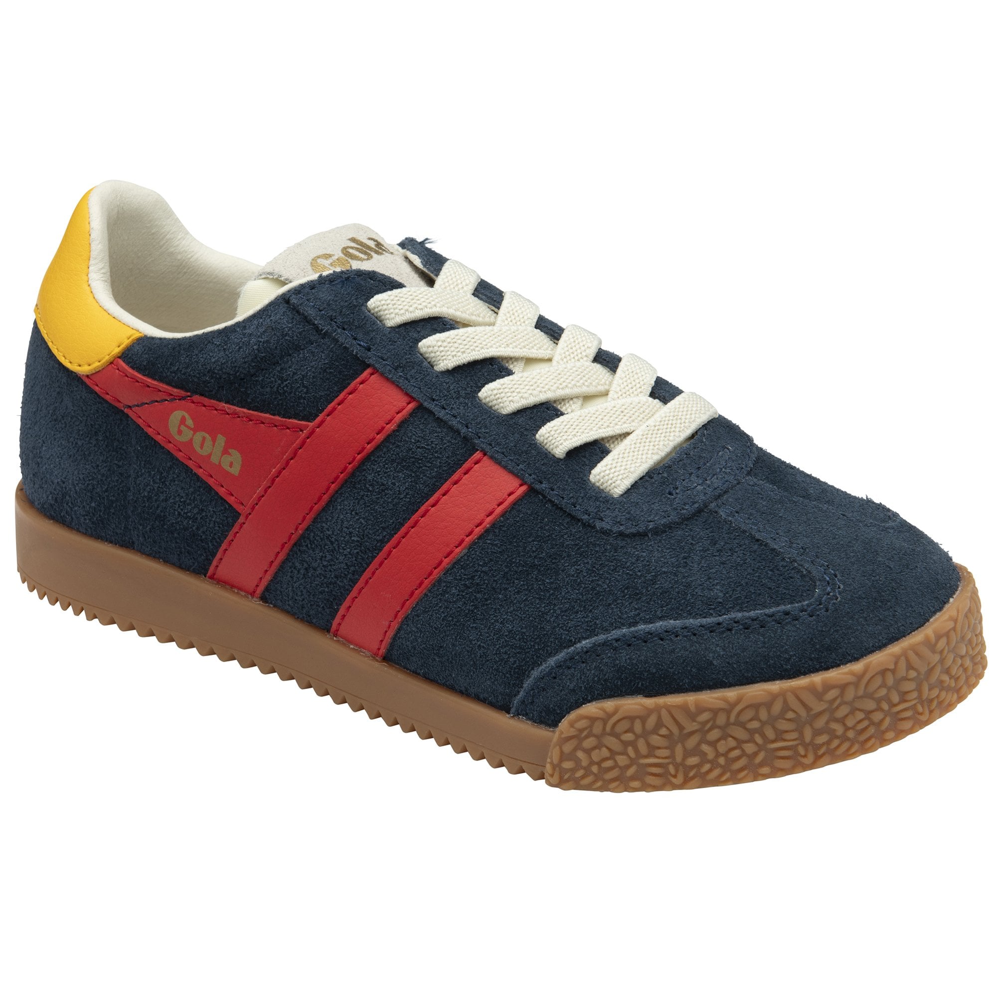 Gola Harrier suede trainer in navy with red stripes and yellow heel tab