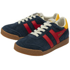 Pair of Gola Harrier suede trainers in navy with red stripes, yellow heel tab, and gum sole