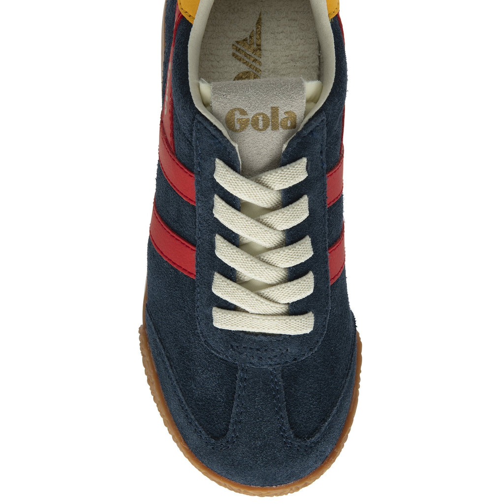 Navy blue suede sneaker with red stripes and white laces
