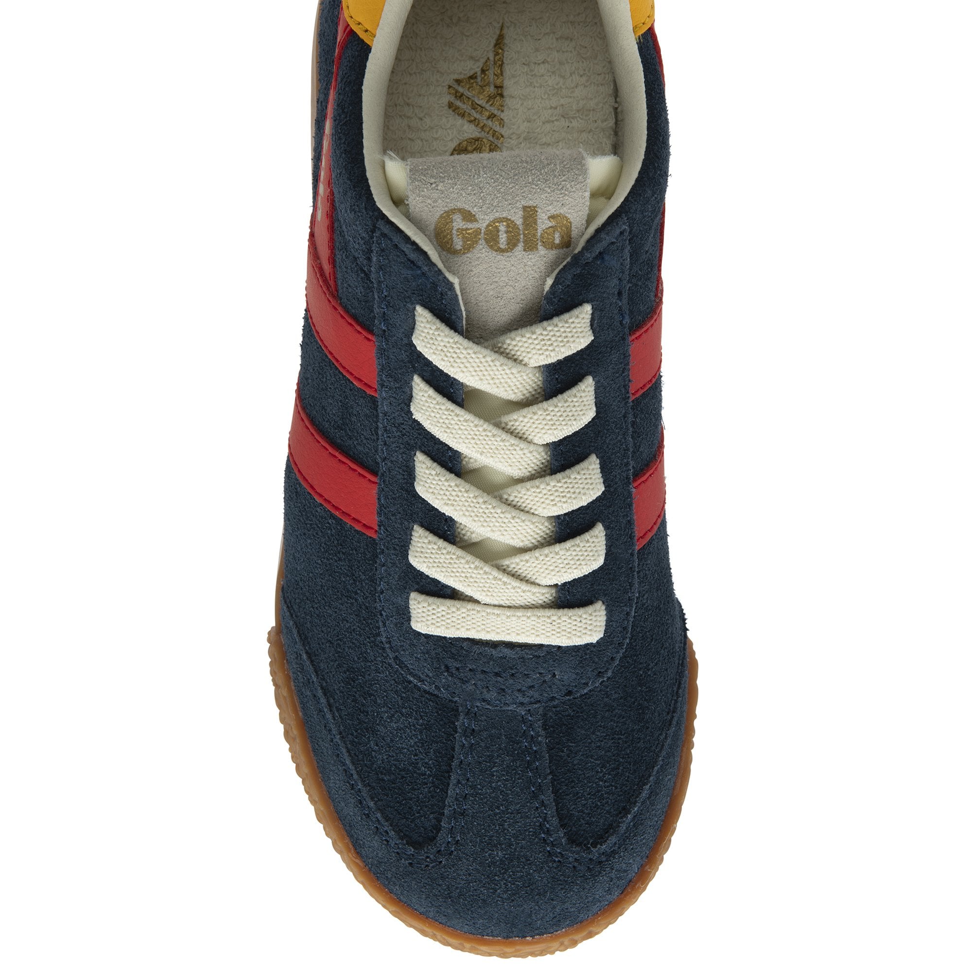 Navy blue suede sneaker with red stripes and white laces