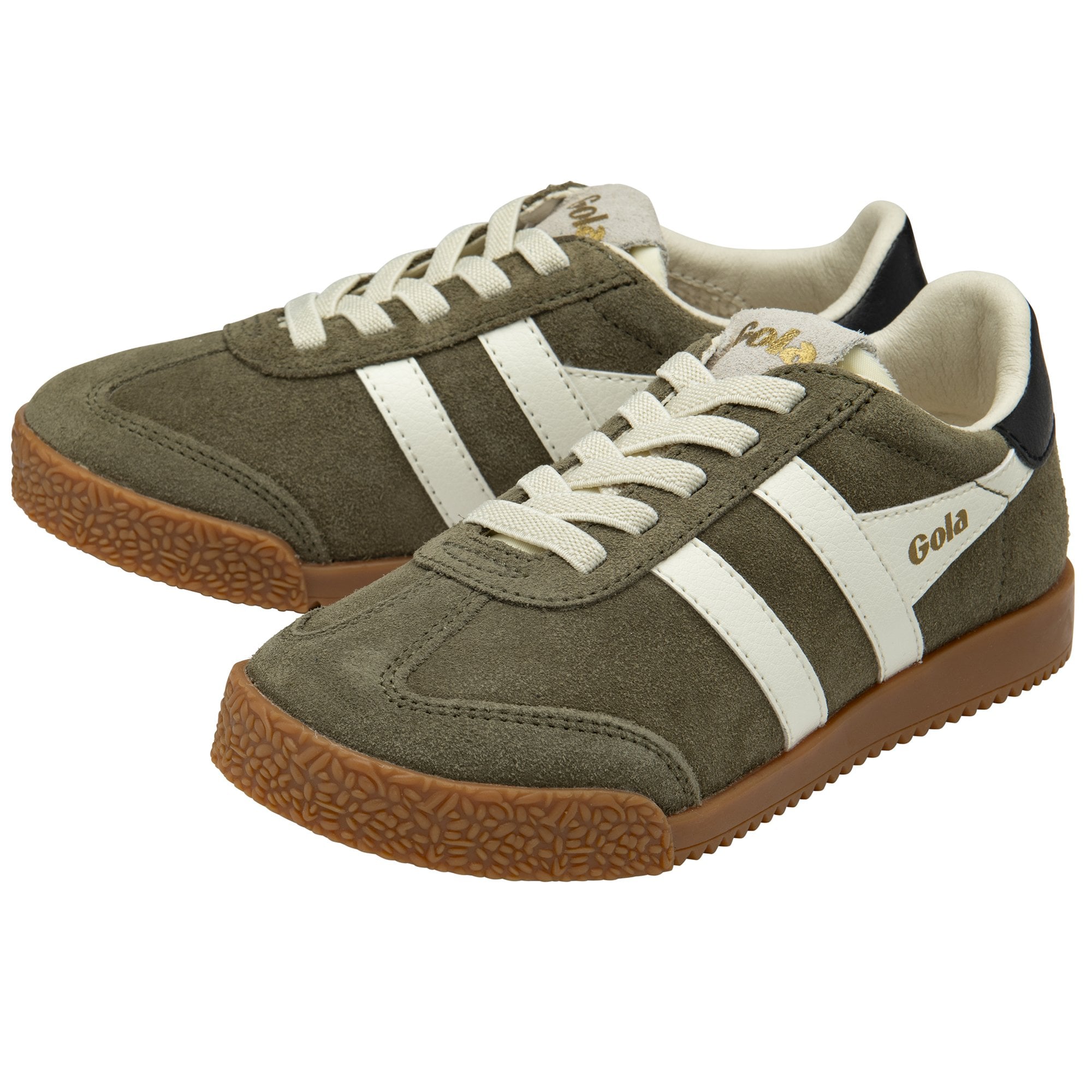 A close-up of the Gola Harriers Leather Trainers in dark green, white, and black.