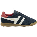 A single navy blue Gola Harrier trainer with white stripes and a red heel tab.