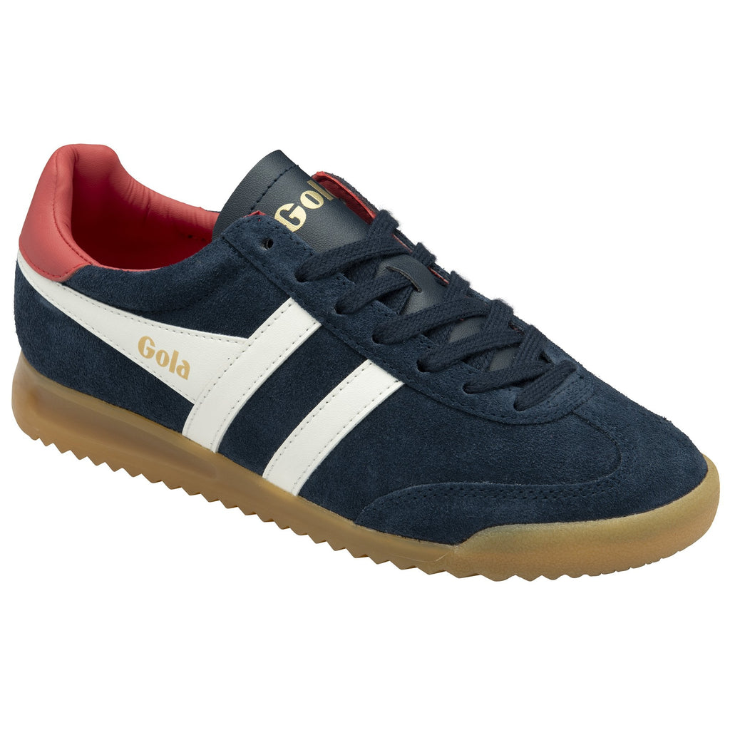 Gola Harrier suede trainer in navy with white stripes, red heel tab, and gum sole