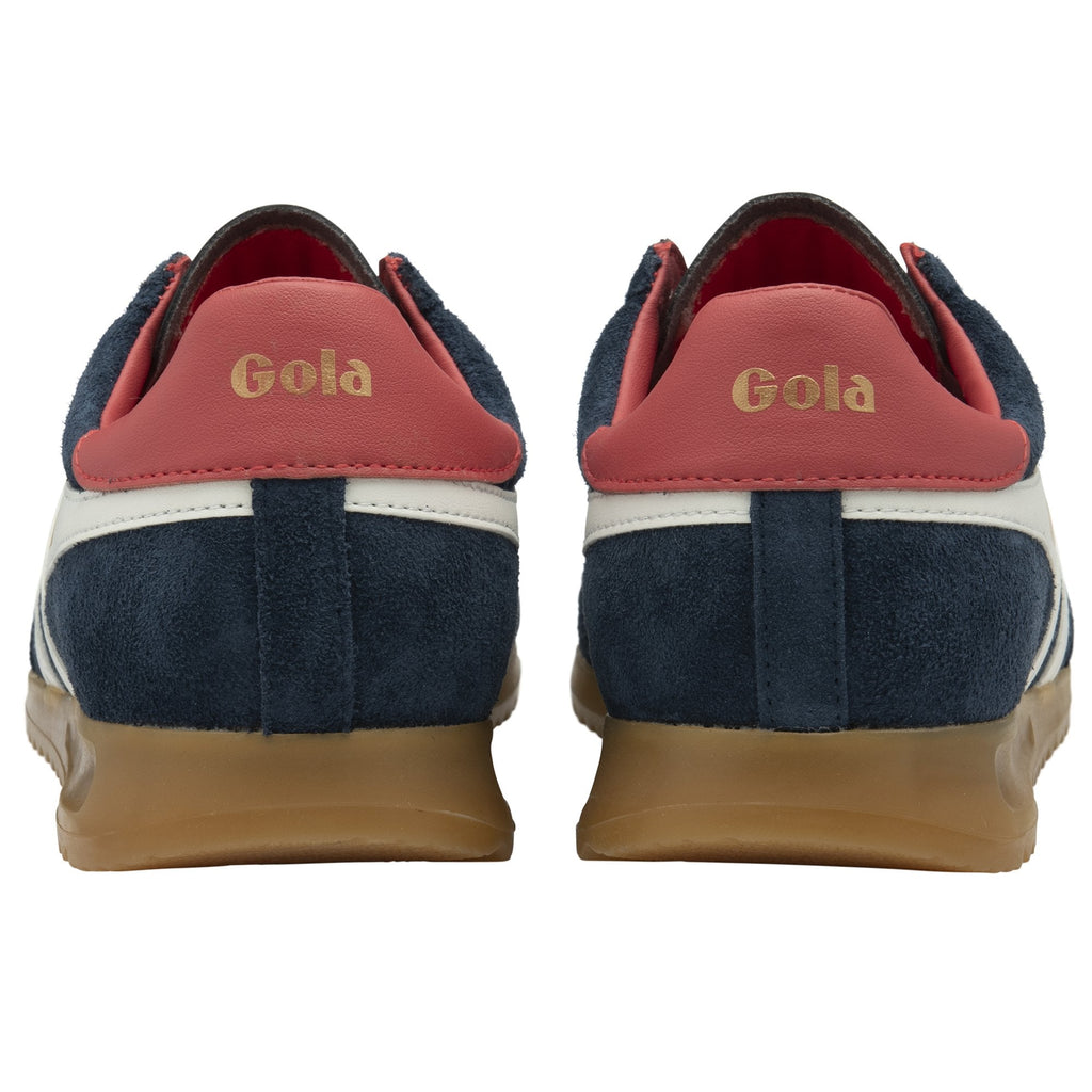 Rear view of navy blue Gola sneakers with red heel tabs and white stripes