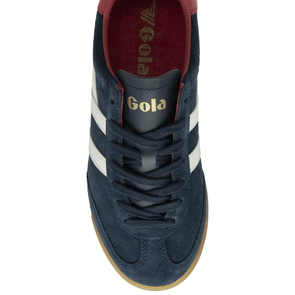 Top-down view of a single navy blue Gola Harrier trainer with white stripes.