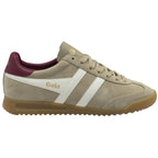 Side view of a single Gola men's sneaker in tan with white stripes and a maroon heel tab.
