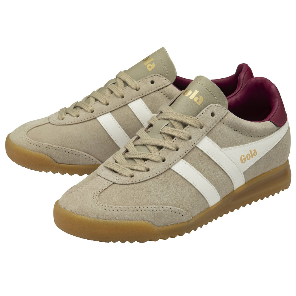 Pair of Gola men's sneakers in tan with white stripes and maroon heel tabs.