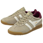 Pair of Gola men's sneakers in tan with white stripes and maroon heel tabs.