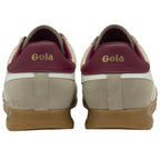 Rear view of a pair of Gola men's sneakers in tan with maroon heel tabs.