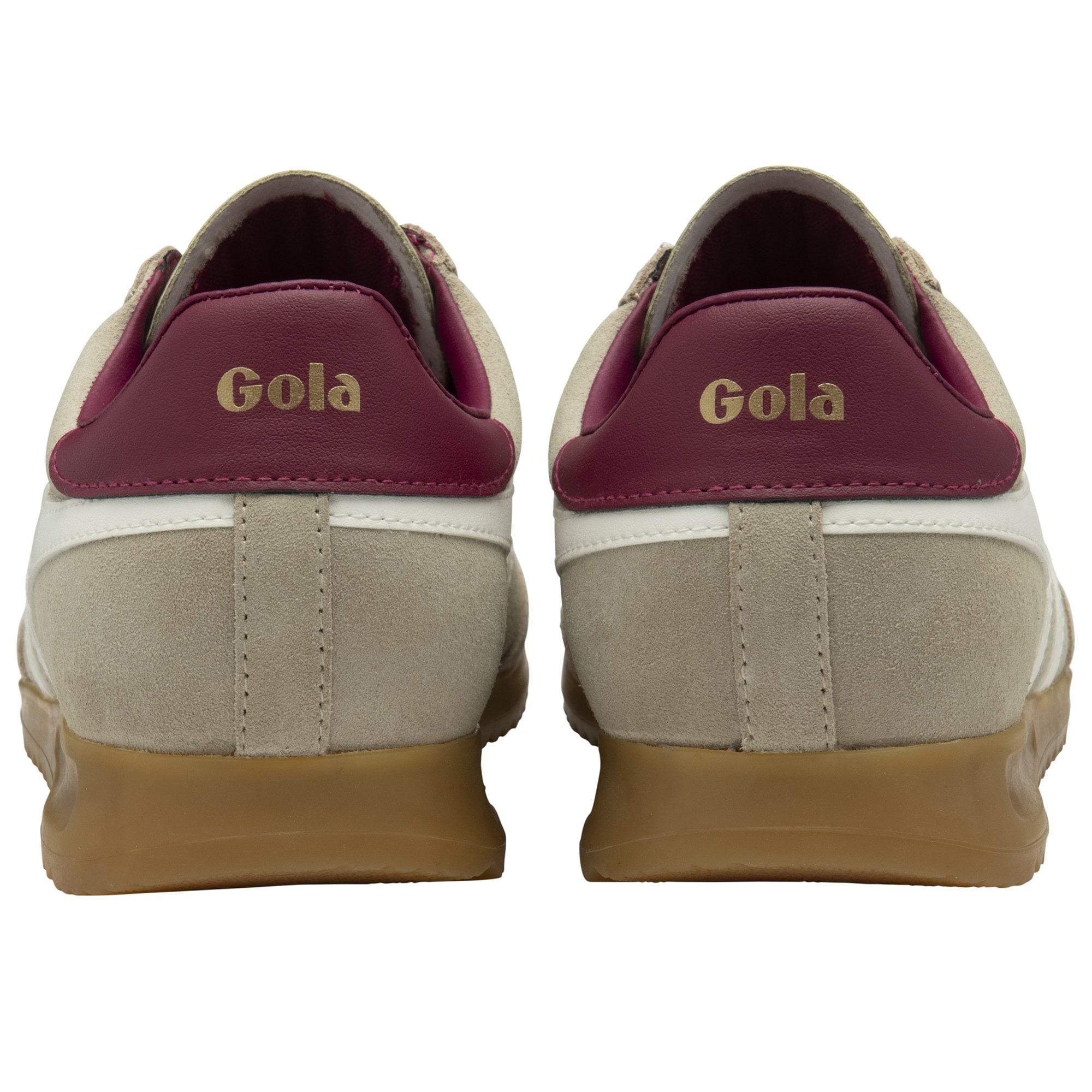 Rear view of a pair of Gola men's sneakers in tan with maroon heel tabs.