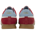 Rear view of a pair of red Gola sneakers with light blue heel tabs.