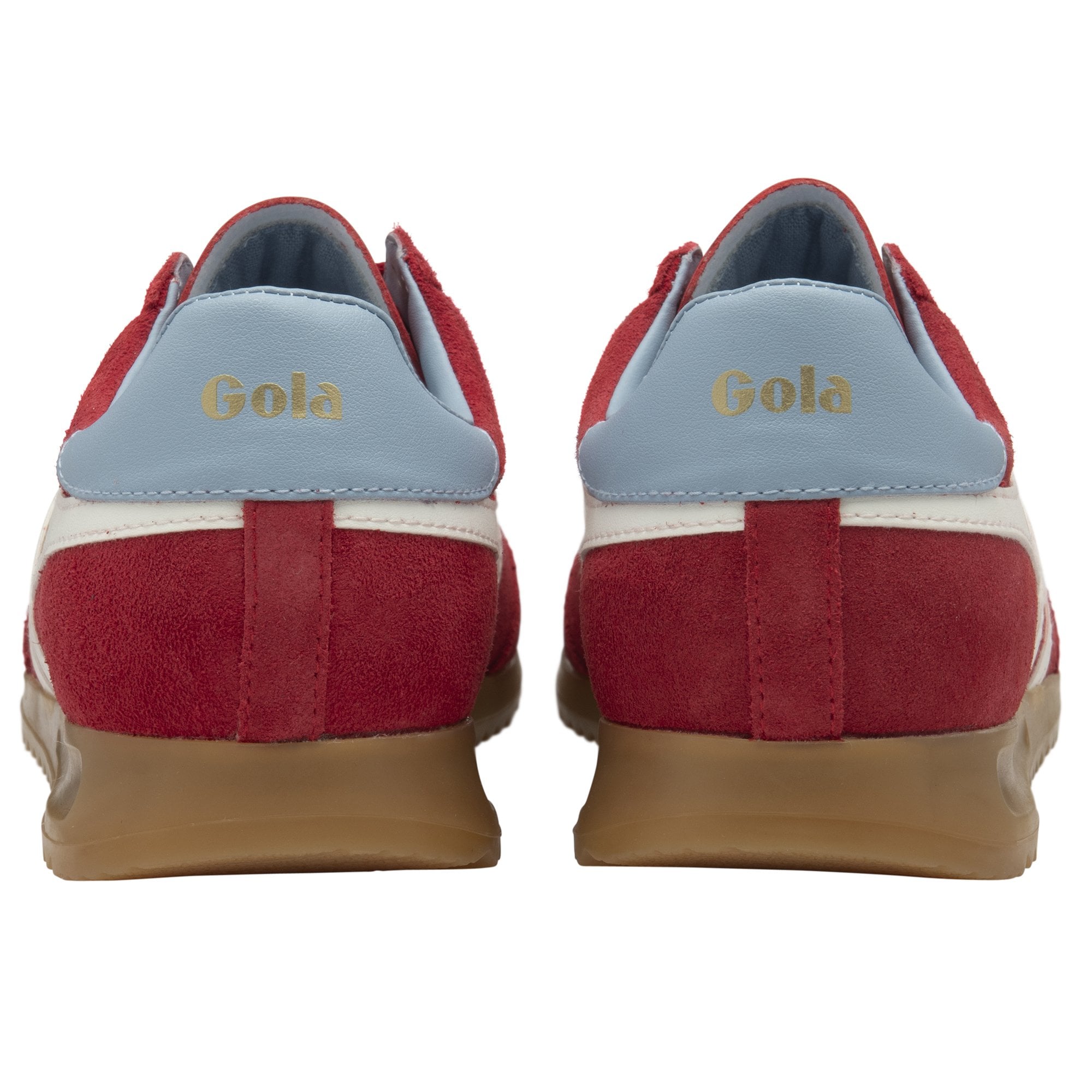 Rear view of a pair of red Gola sneakers with light blue heel tabs.