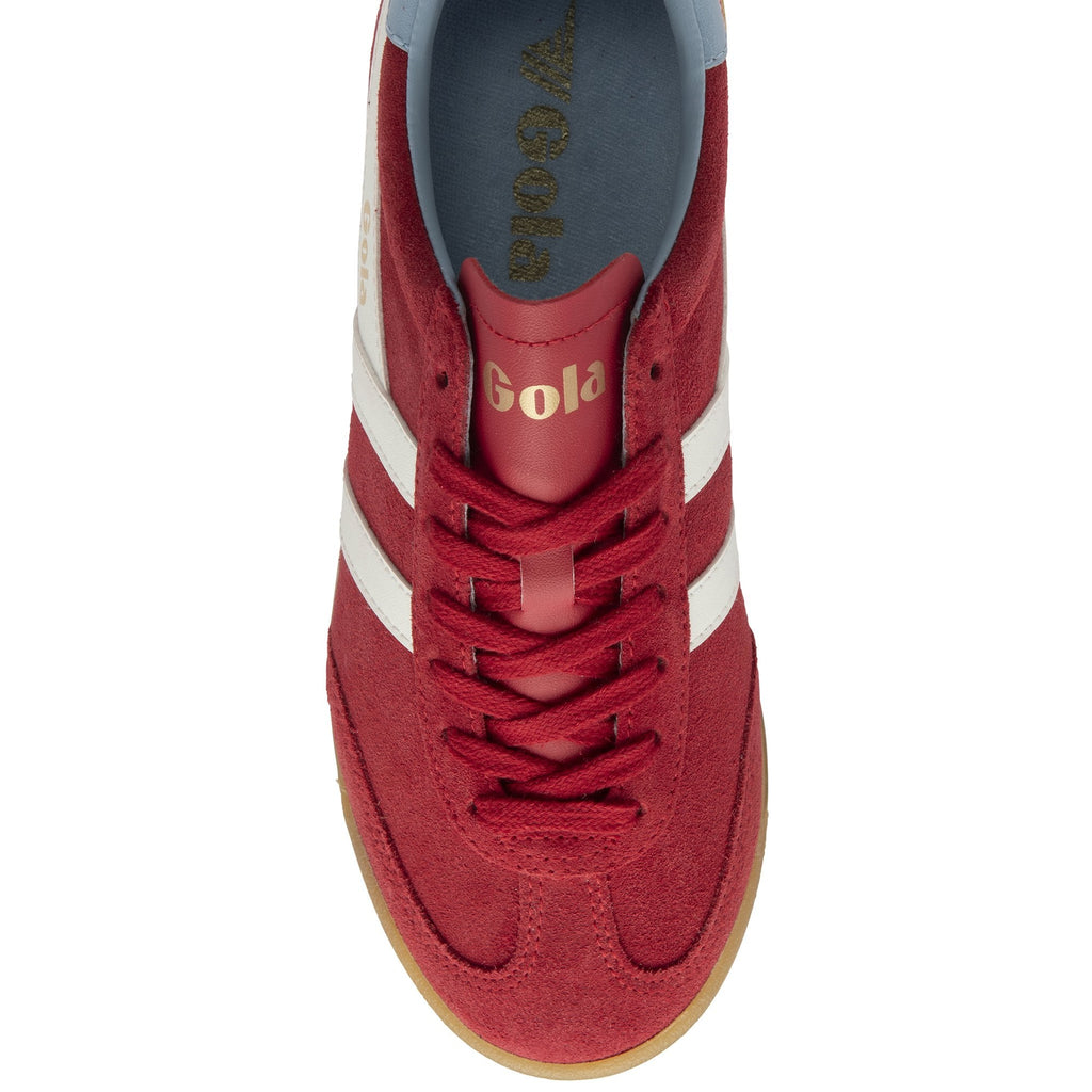 Top down view of a single red Gola sneaker with white stripes.