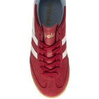 Top down view of a single red Gola sneaker with white stripes.