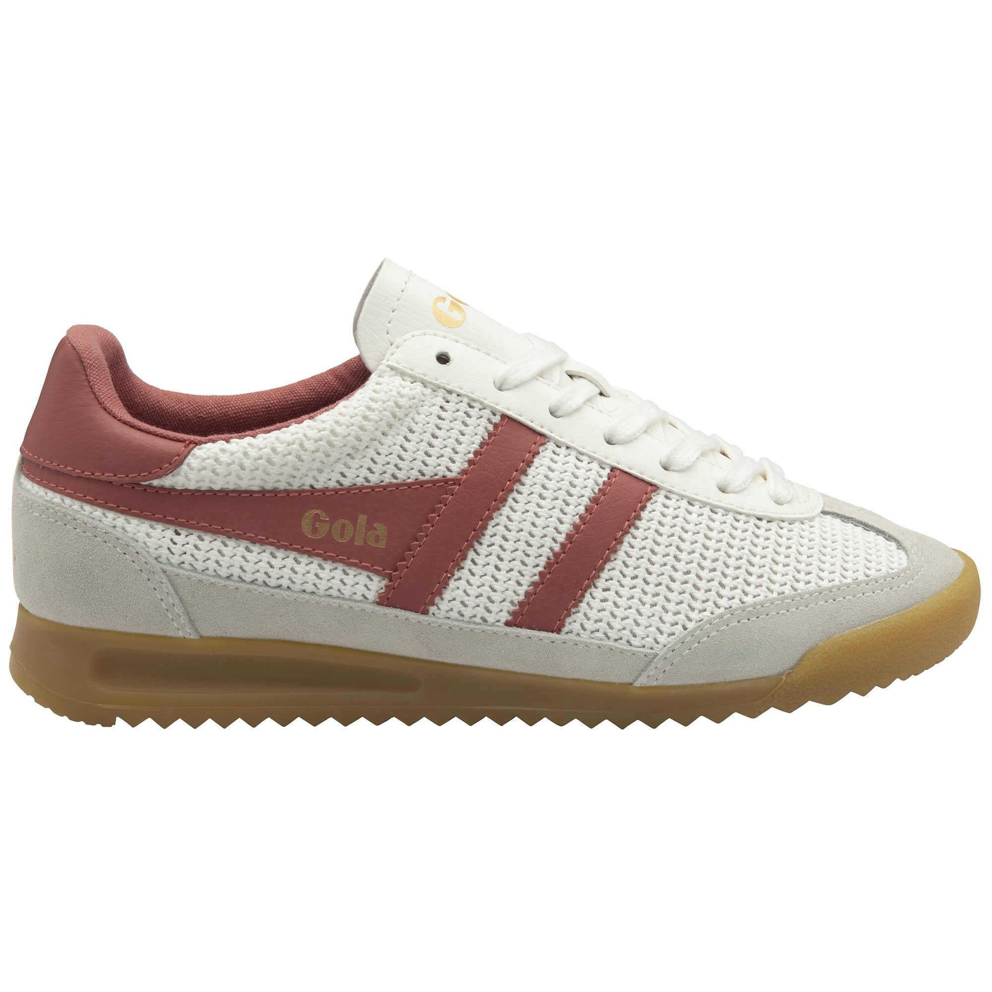 Side view of a white Gola sneaker with red stripes and a gum sole.