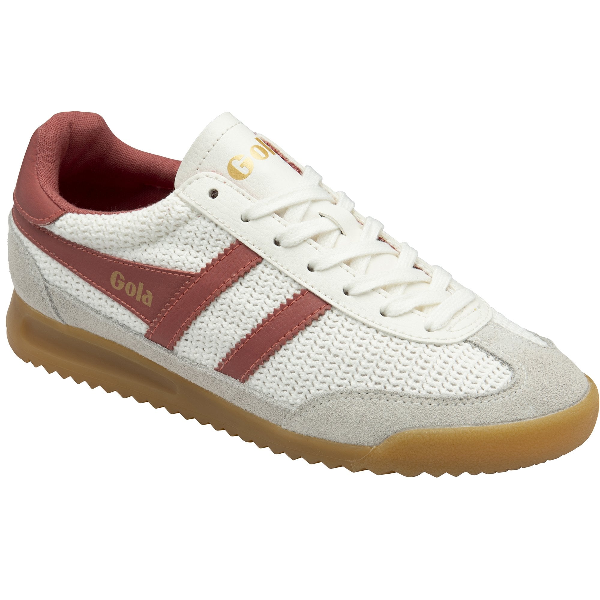 Angled view of a white Gola sneaker with red stripes and a gum sole.