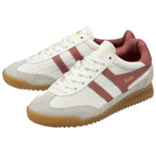 Pair of white Gola sneakers with red stripes and gum soles.