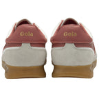 Rear view of two white Gola sneakers with red heels and gum soles.