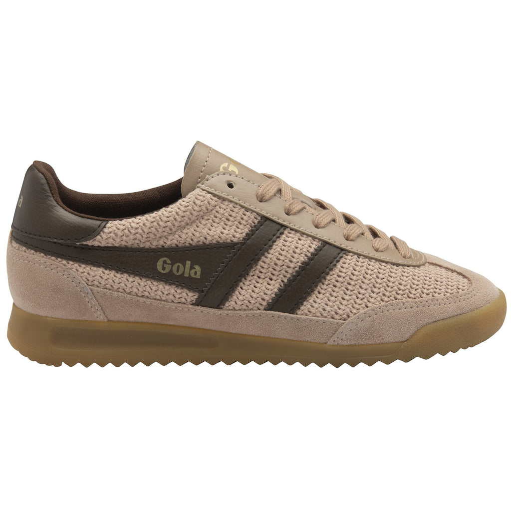 Side view of a single Gola men's sneaker in tan with brown stripes and a gum sole.