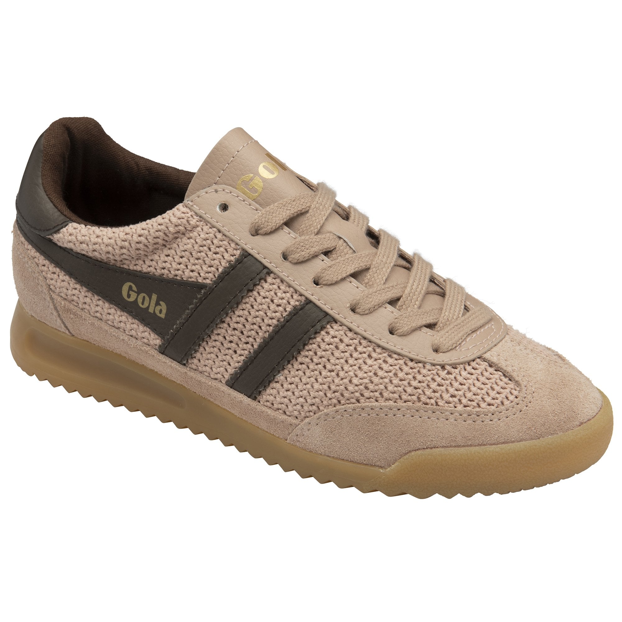 Side view of a single Gola men's sneaker in tan with brown stripes and a gum sole.