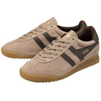 Pair of Gola men's sneakers in tan with brown stripes and gum soles, angled slightly.