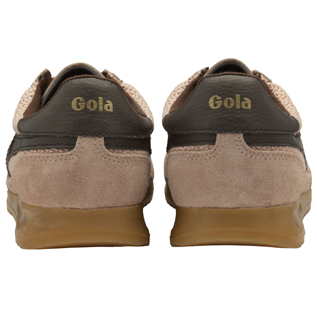Rear view of a pair of Gola men's sneakers in tan with brown accents and gum soles.