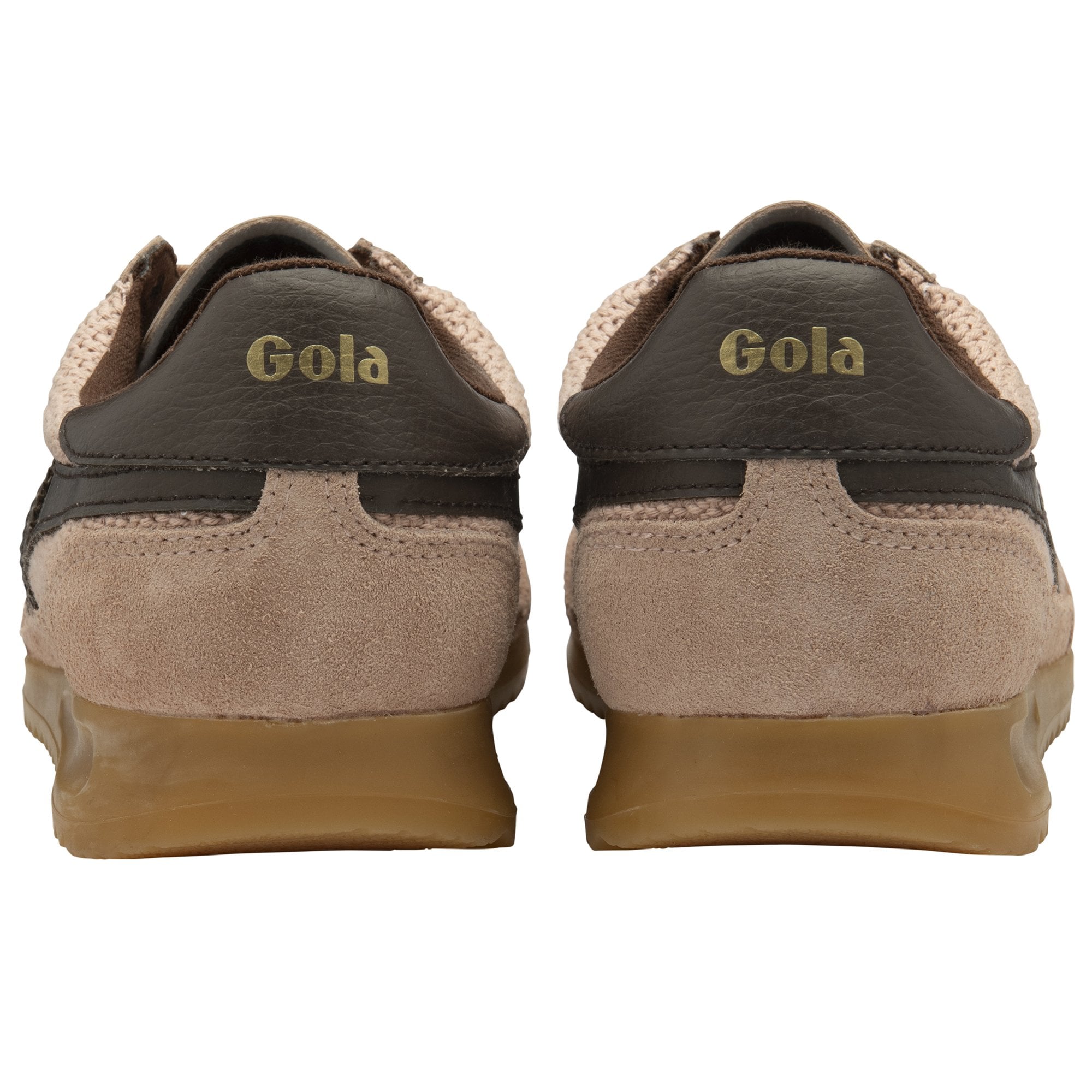 Rear view of a pair of Gola men's sneakers in tan with brown accents and gum soles.