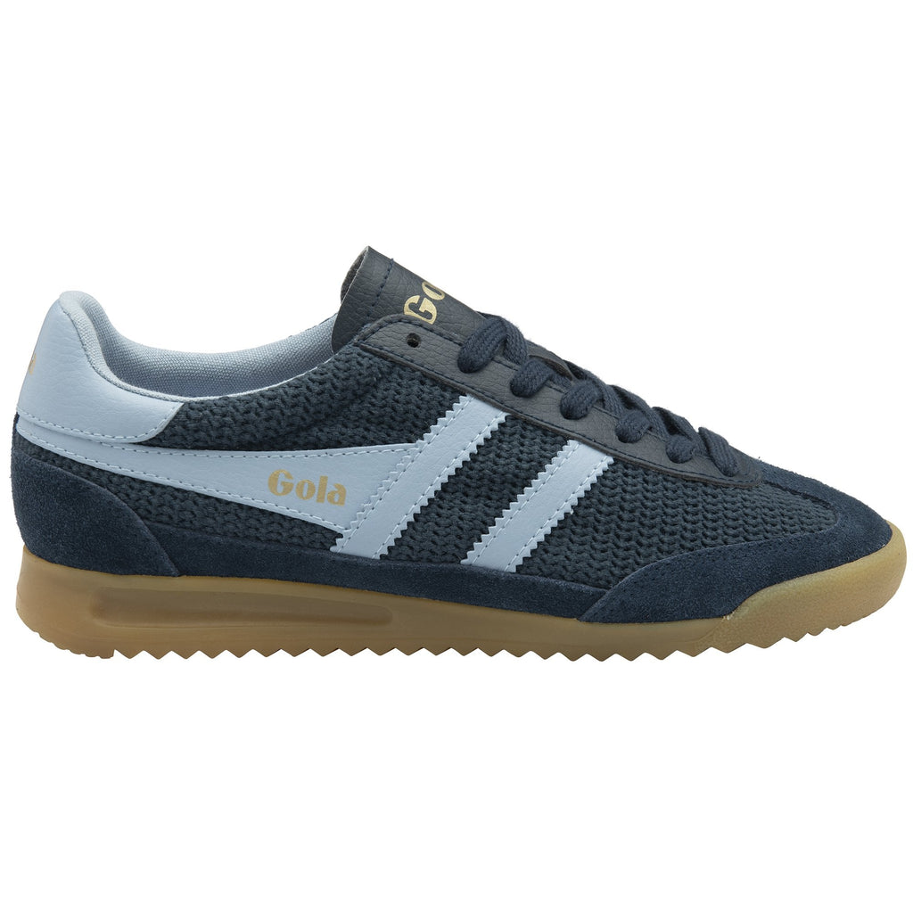 A single Gola men's sneaker in navy blue with light blue accents, seen from the side.