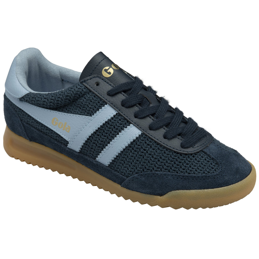 A single Gola men's sneaker in navy blue with light blue accents, viewed from an angle.