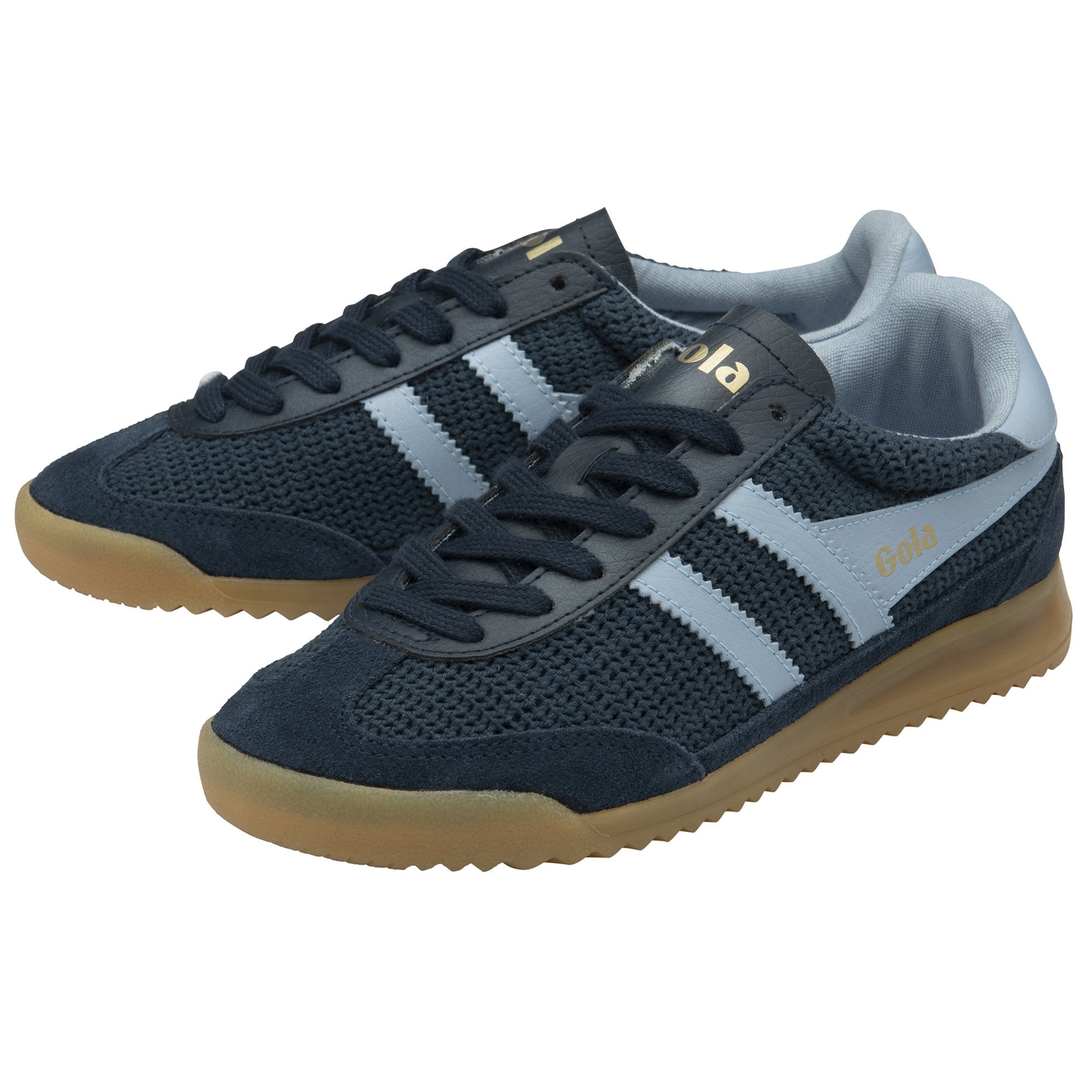 A pair of Gola men's sneakers in navy blue with light blue accents, side view.