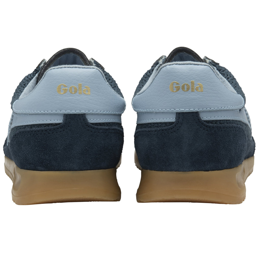 A pair of Gola men's navy blue sneakers, seen from the back, showing light blue heels.
