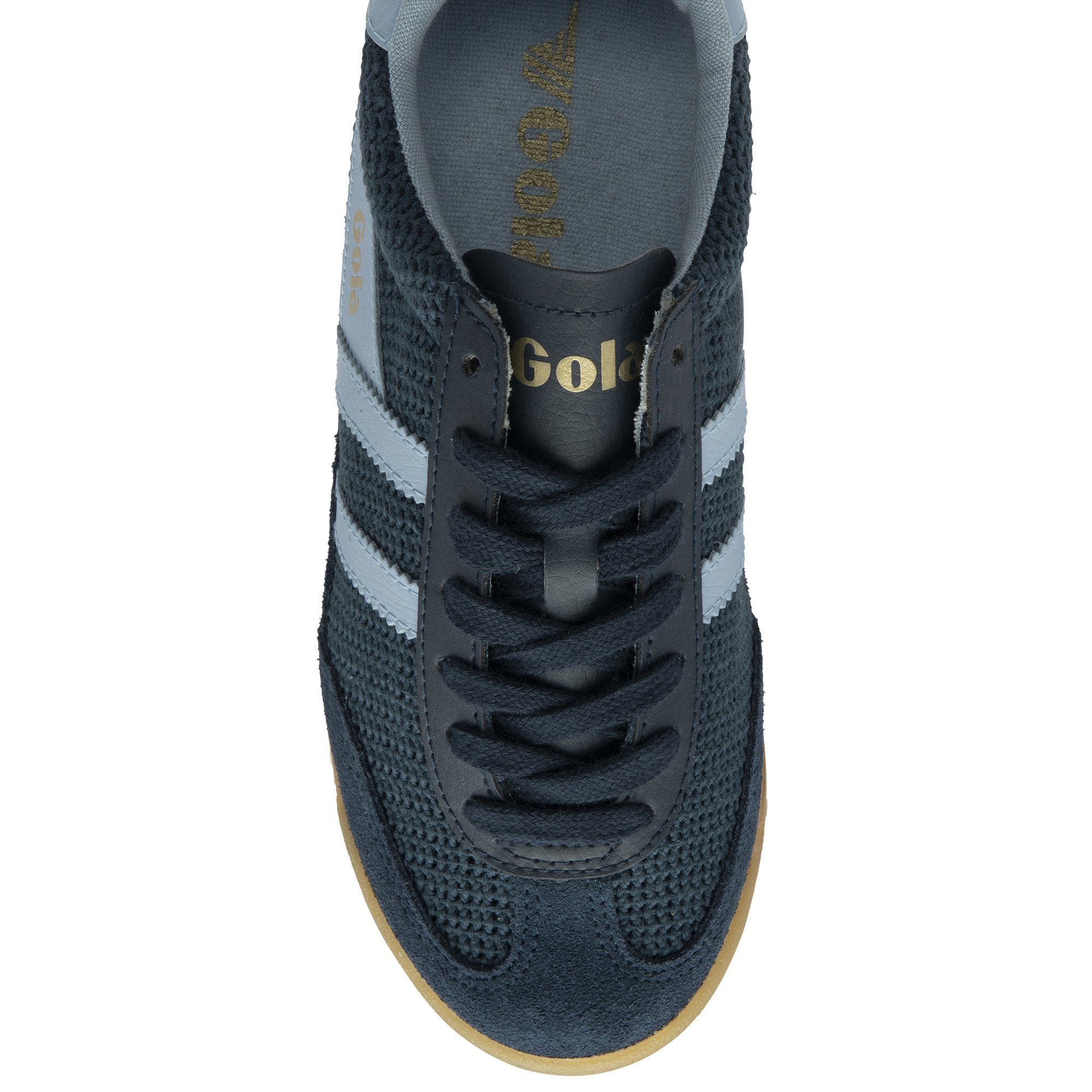A single Gola men's sneaker in navy blue with light blue accents, viewed from above.