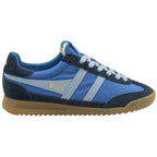 Blue and navy Gola men's sneaker with two white stripes and a gum sole, side view.