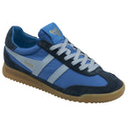 Blue and navy Gola men's sneaker with two white stripes and a gum sole, side view.