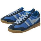 Pair of blue and navy Gola men's sneakers with white stripes and gum soles.