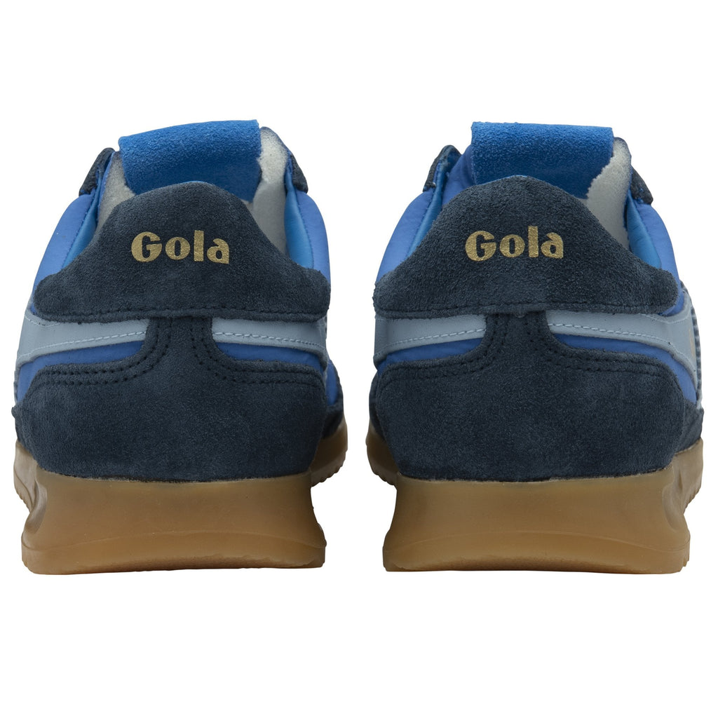 Back view of blue and navy Gola men's sneakers with the brand name in gold.