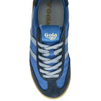 Top down view of a blue and navy Gola men's sneaker with white laces and stripes.