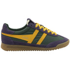Side profile of a single Gola low-top sneaker in green, purple, and yellow.