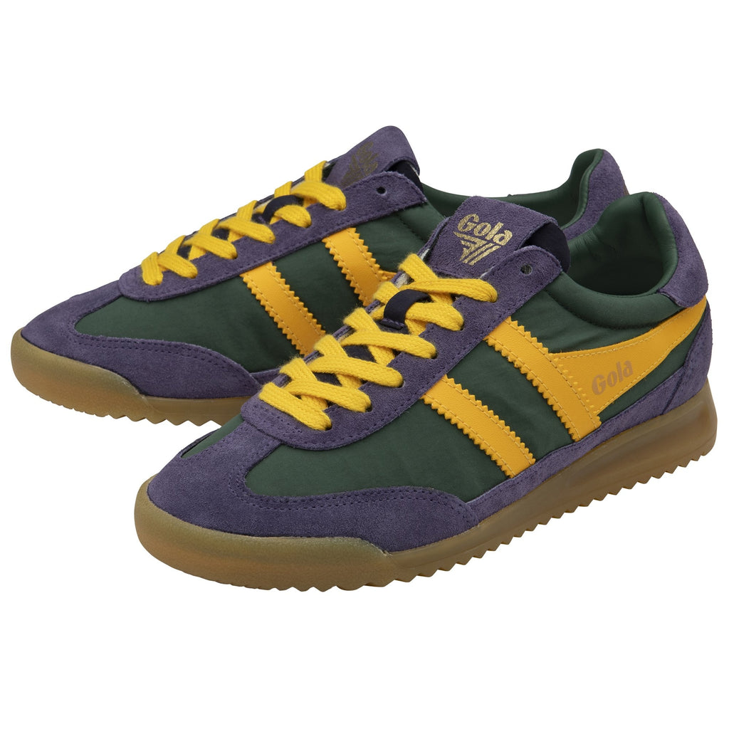 Pair of Gola low-top sneakers in green, purple, and yellow, angled slightly.