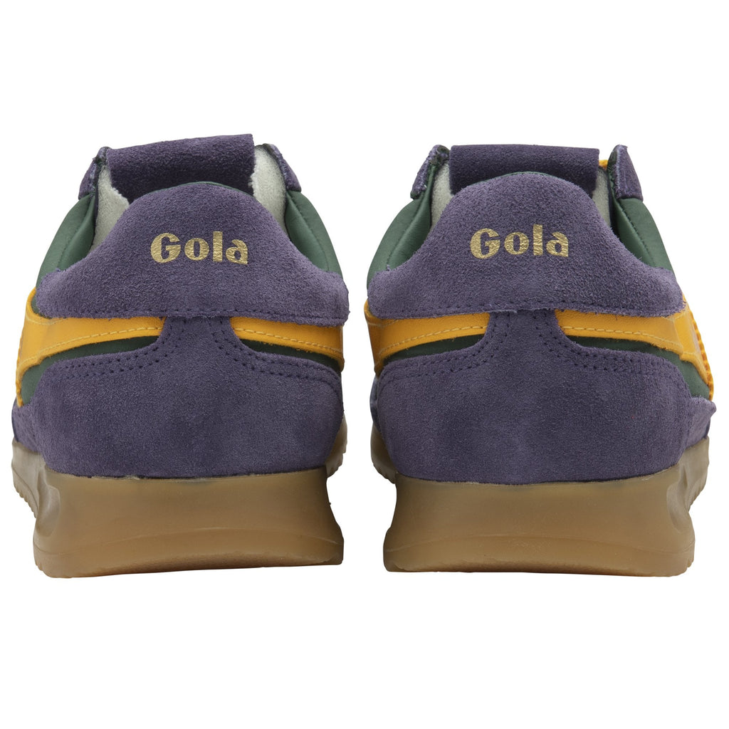 Rear view of a pair of Gola low-top sneakers in green, purple, and yellow.