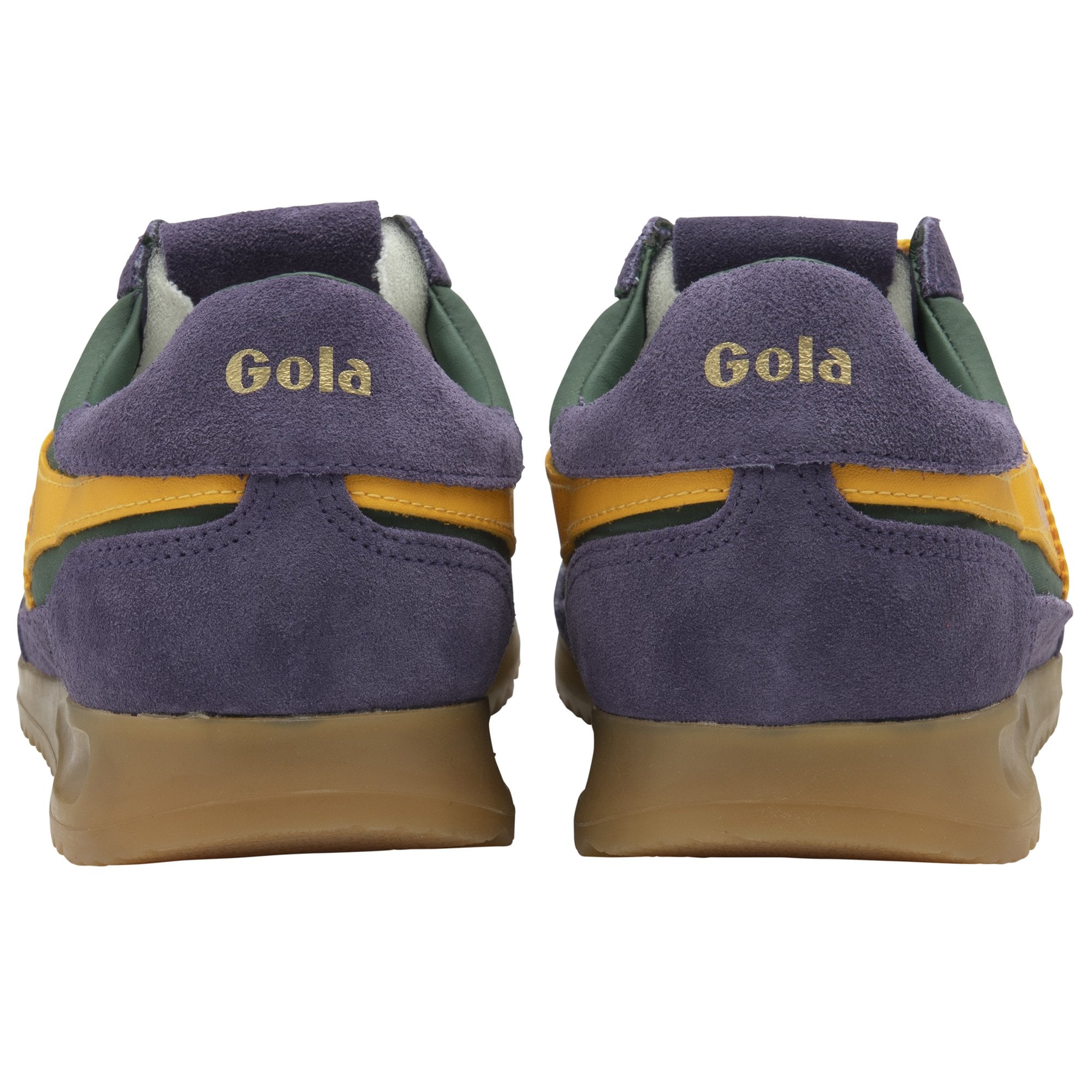 Rear view of a pair of Gola low-top sneakers in green, purple, and yellow.
