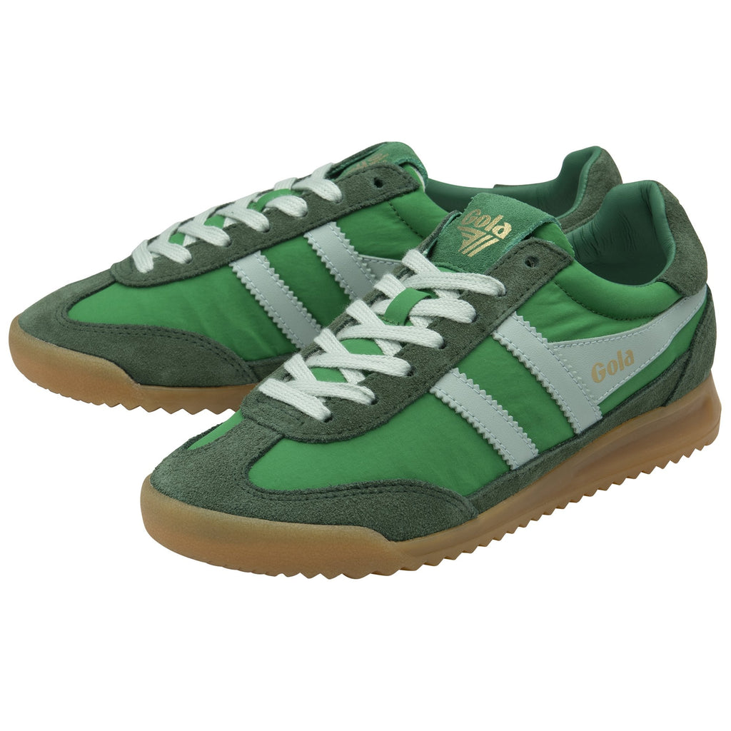 Pair of green Gola sneakers with white stripes, white laces, and gum soles.