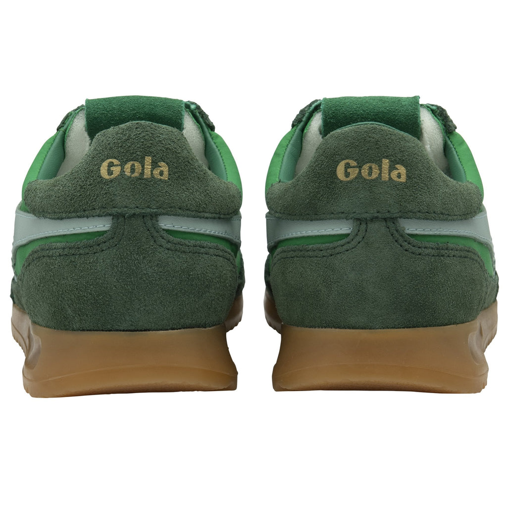 Rear view of two green Gola sneakers with gold Gola branding on the heel.