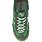 Top-down view of a green Gola sneaker with white laces and a gold Gola logo on the tongue.