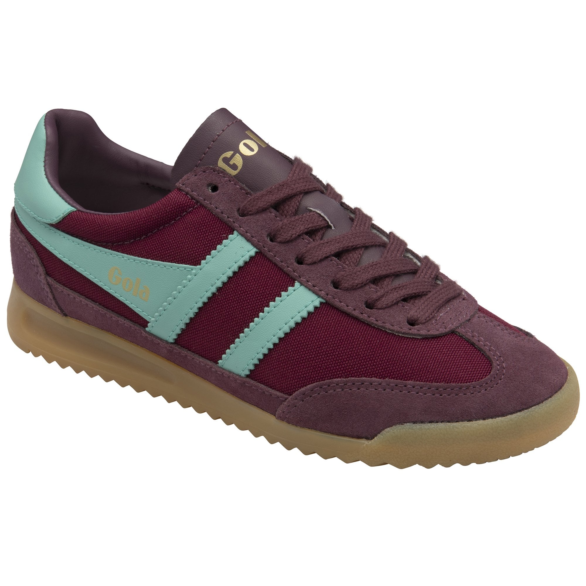 Angled side view of a single Gola Super Harrier trainer in burgundy with light blue stripes.