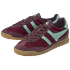 Pair of Gola Super Harrier trainers in burgundy with light blue stripes, angled forward.
